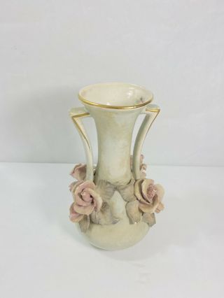 Vintage 12.  5 " Cordey Vase With Flowers & Gold Trim Details Ceramic Floral