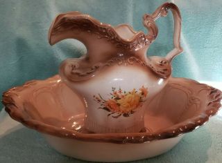 Vintage Arnel’s Large Porcelain Water Pitcher And Basin Bowl Floral Print,  Rare