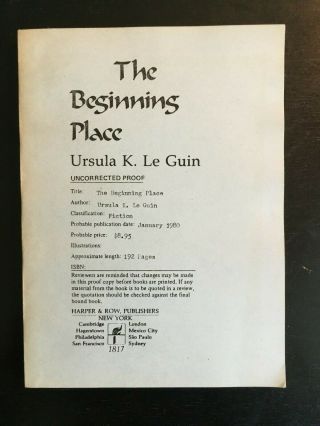 1979 The Beginning Place Ursula K Le Guin Signed Uncorrected Proof Novel Fantasy