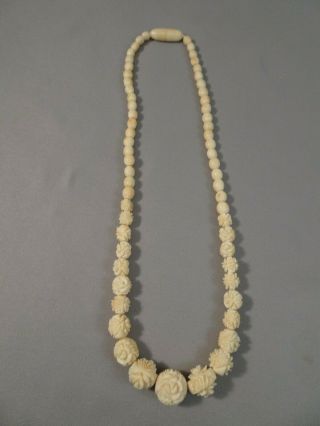 Antiq Vintage Ivory Color Bone Bovine Rose Carved Bead Necklace 14 " Barrel Clasp