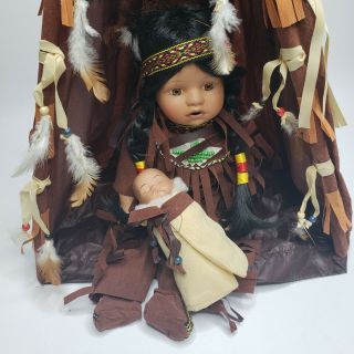 Vintage Porcelain Native American Indian Doll And Baby With Tepee
