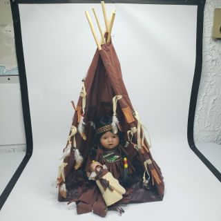 Vintage Porcelain Native American Indian Doll and Baby with Tepee 2