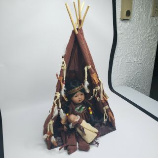 Vintage Porcelain Native American Indian Doll and Baby with Tepee 3