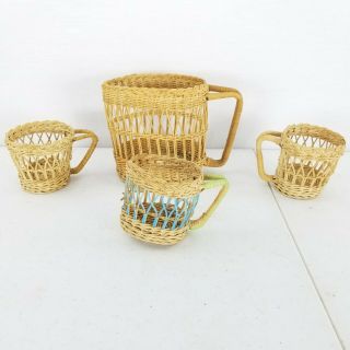 Vintage Wicker Rattan Glass Tumbler Cup Tea Pitcher Drink Holder Set Mcm Boho
