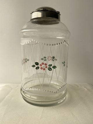 Vintage Antique Clear Glass Hand Painted Apothecary Jar With Pewter Lid