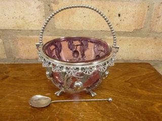 Lovely Vintage Silver Plated And Cranberry Glass Preserve Dish Spoon