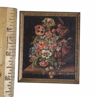 Vintage 1970s Dollhouse Miniature Artist Signed Painting Gould Still Life Flower 2