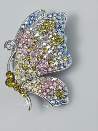 Vintage Butterfly Brooch Pin Aurora Borealis Ab Citrine Rhinestones Silver Tone