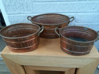 Set Of Three Graduated Matching Oval Copper And Brass Planters.  Vintage/antique