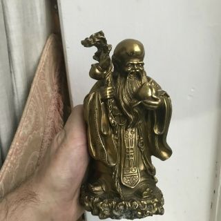 Old Vintage Fine Solid Brass Bronze Chinese Figure Bearded Man Holding A Peach