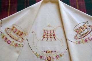 Vintage Hand Embroidered Tablecloth Exquisitely Decorated Tea Set