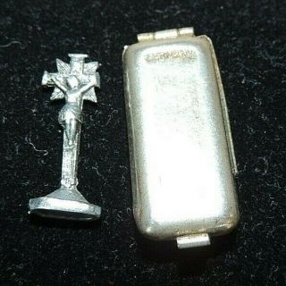 Vintage Germany Pocket Shrine Tiny Religious Catholic Statue Metal Hinged Case
