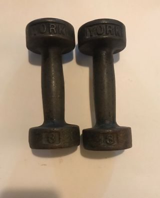 Vintage York Cast Iron Dumbbells Weights 2 - 3 Lb Pound 6 Lb Total Pre Usa Stamp