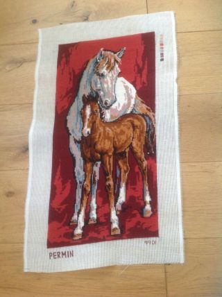 Vintage Tapestry Needlework Embroidery Horses Completed Textile By Permin - Vgc