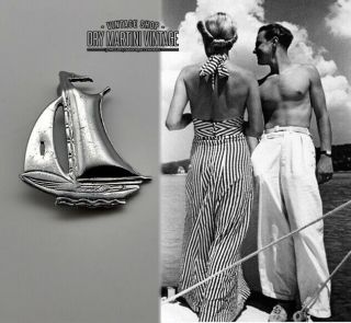 Vintage Art Deco Chrome Yacht Brooch Pin Sailing Boat Unisex Gift