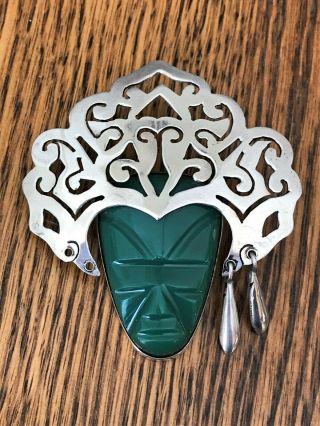 Vintage Mexican Sterling Silver Brooch Green Onyx Aztec Face Carving 2.  5 " X 2 "