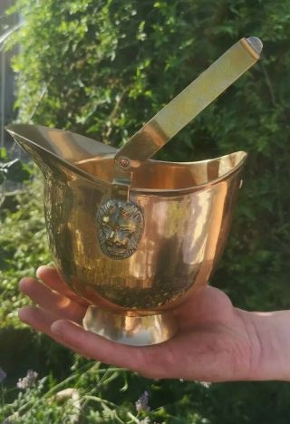 Small Vintage Brass Coal Scuttle / Kindling Bucket With Lion Heads