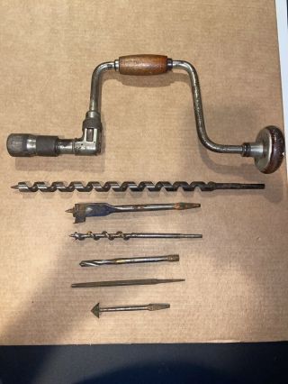 Vintage Brace Hand Drill - Made In Usa With Six Different Assorted Wood Bits
