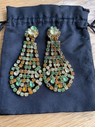 Butler And Wilson Long Crystal Green Golden Earrings Vintage 1980’s/90’s