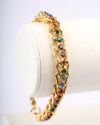 Vintage 1980s Gold Tone Link Bracelet With Coloured Rhinestones
