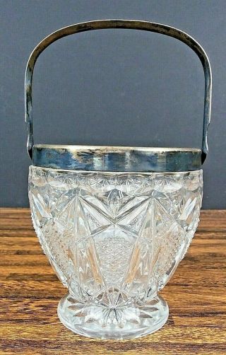 Vintage Heavy Crystal Cut Glass Ice Bucket Ornate Silver Finish Trim & Handle