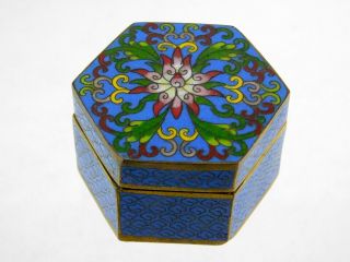 Vintage Chinese Cloisonne Enameled Brass Hexagon Trinket Box Floral Design Blue