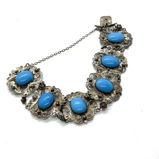 Vintage Sterling Silver Filigree Turquoise Stone Set Bracelet 91