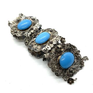 Vintage Sterling Silver Filigree Turquoise Stone Set Bracelet 91 2