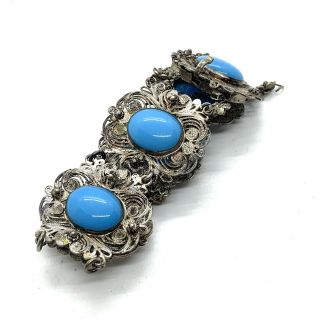 Vintage Sterling Silver Filigree Turquoise Stone Set Bracelet 91 3