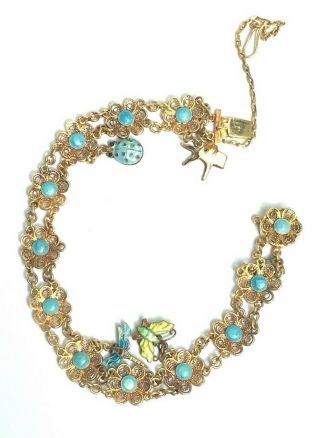 Vintage 22ct Gold On Sterling Silver Filigree & Enamel Flower Charm Bracelet
