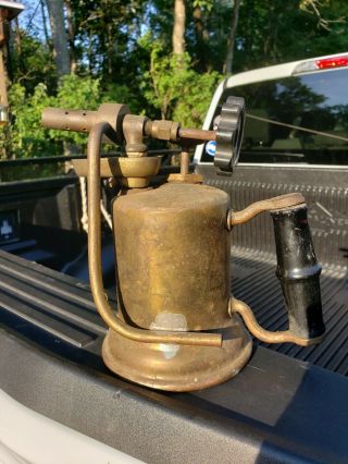 Vintage Turner Brass Blow Torch With Wood Handle And Side Tube