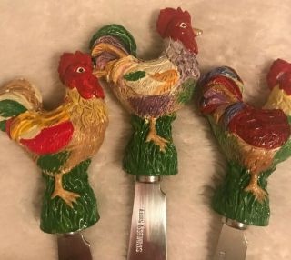 Rooster Handle Butter Knife Cheese Spreaders Stainless Steele Vintage Set Of 3