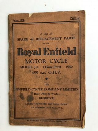 1950 Royal Enfield J2 500 Twin Port Spare Parts Booklet Vintage Motorcycles