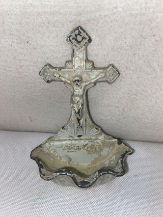 Vtg 30 - 40’s Altar Cast Metal Jesus In The Cross Holy Water Font Wall Hanging