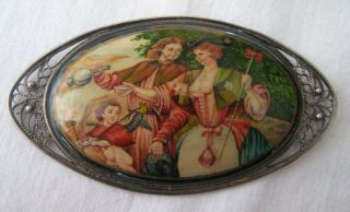 Vintage Large Hand Painted Russian Brooch Silver Tone Metal Frame Signed