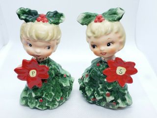 Vintage Holt Howard Christmas Tree Girls Salt And Pepper Shaker Set Japan 4 "