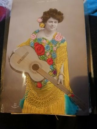 4 Vintage Spanish Embroidered Silk Postcards