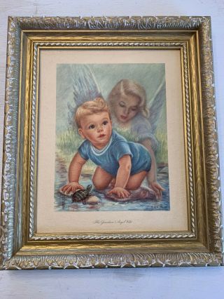 His Guardian Angel Vintage Framed Print Artist Erna Kasabach 1950s Toddler Boy