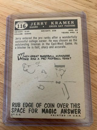 JERRY KRAMER 1959 Topps 116 VG - EX RC Rookie Green Bay Packers Vintage NFL Card 2