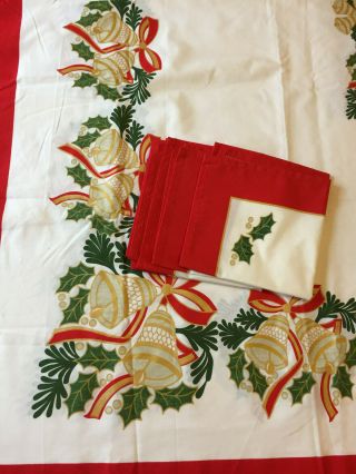 Vintage Christmas Red White Holly Rectangle Table Cloth Table Linen & 6 Napkins