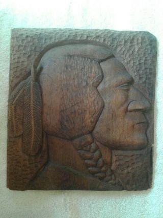 Vtg Hand Carved Wood Folk Art Native American Wall Plaque Feather Braid 11 X 12