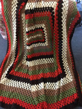 Vintage Grandma Square Crochet Hand Knitted Blanket Brown Orange 84 X 98 "