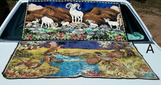2 Colorful Vintage Belgium Tapestry Rugs Bighorn Sheep Ram Pheasant Bird Hunting
