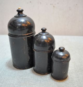 Old Vintage Set Of 3 Hand Carved Black Lacquer Painted Wooden Box
