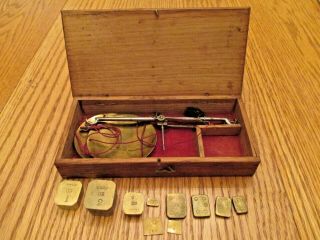 Vintage Portable Gold Or Apothecary Scale In Old Wooden Box