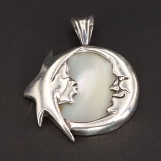 Vtg Sterling Silver - Crescent Moon & Sun Face Mother Of Pearl Pendant - 10.  5g