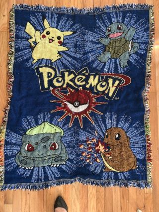 Vintage 90’s Pokemon Afghan Throw Blanket 46x42” Pikachu Squirtle Charamander