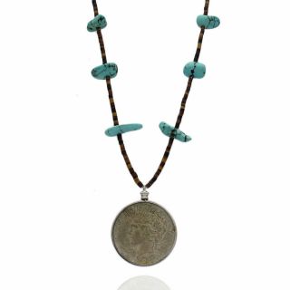 Vintage Navajo Handmade Turquoise Shell Heishi Bead 1925 Peace Dollar Necklace