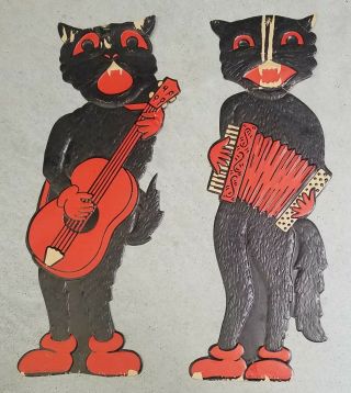 2 Vintage H.  E.  Luhrs Halloween Embossed 18 " Diecut Black Cats - Guitar - Accordion