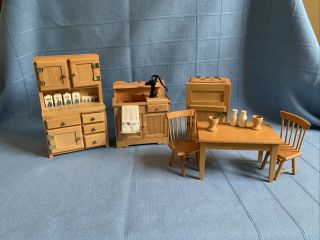 Vintage Dollhouse Miniature Wood Kitchen Hoosier Cabinet Icebox Pump Sink